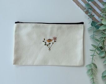 Hand Embroidered Floral Pouch, Pencil Case, Makeup Pouch, Hand Embroidery, Cute Gift, Cute Pouch, Birthday Gift, Bridesmaids Gift