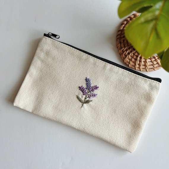 Lavender Flowers Pouch, Canvas Pencil Case, Makeup Pouch, Hand Embroidery,  Cute Gift, Cute Pouch, Aesthetic Pencil Case, Bridesmaid Gifts 