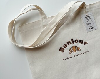 Bonjour Mon Amour Embroidered Canvas Tote Bag with Zipper