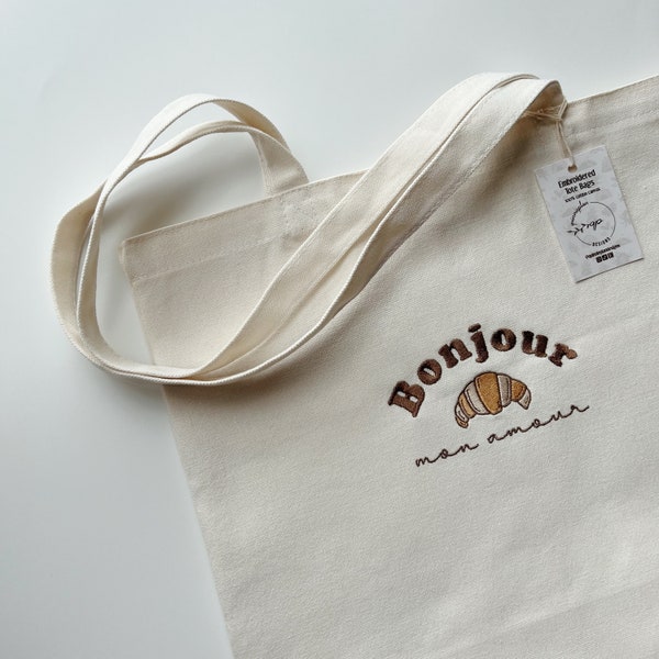 Bonjour Mon Amour Tote Bag, Tote With Zipper, Embroidered Tote Bag, Canvas Tote Bag, Reusable Bag, Aesthetic Tote Bag, French Inspired Tote