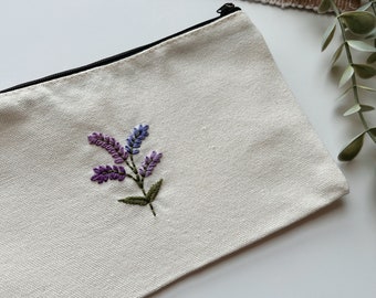 Lavender Flowers Pouch, Canvas Pencil Case, Makeup Pouch, Hand Embroidery, Cute Gift, Cute Pouch, Aesthetic Pencil Case, Bridesmaid Gifts