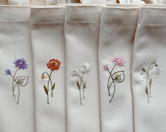 Birth Flower Tote Bag, Hand Embroidered Flower, Carnation Flower, Lily of the Valley, Poppy Flowers Tote, Bridesmaids Gift, Personalized Bag