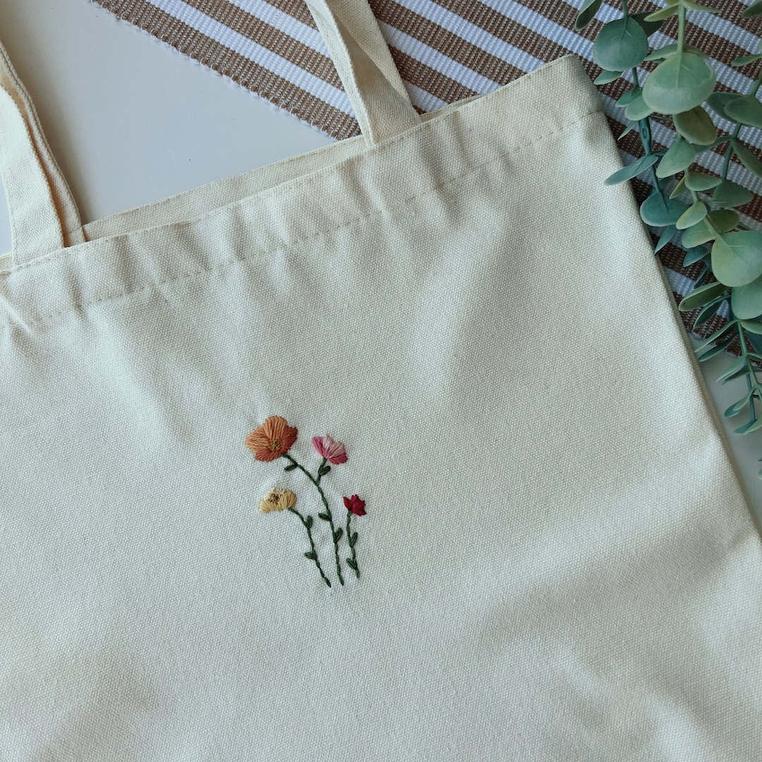 Basic Flower Tote Bag, Hand Embroidered Flower Tote, Sunflower Tote