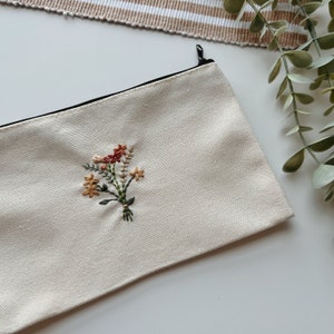 Bouquet of Flowers Pouch, Canvas Pencil Case, Makeup Pouch, Hand Embroidery, Cute Gift, Cute Pouch, Graduation Gift, Bridesmaid Gifts image 1