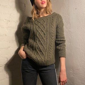 90s Army Green Cross Knit Boat Neck Sweater Vintage