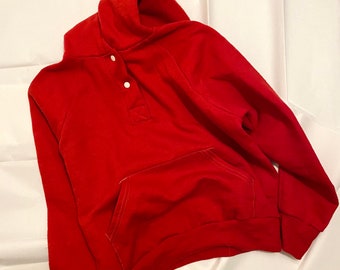 Sudadera con capucha vibrante de algodón rojo vintage de los años 90 Botones a presión blancos y bolsillos con capucha Vintage