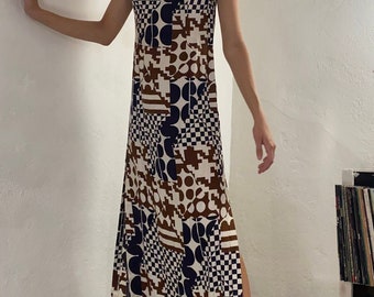 Vestido vintage de los años 60 con estampado geométrico, largo completo, de algodón, vintage