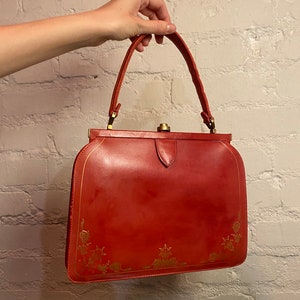 1930s Vintage Purse Italian Red Leather Handbag Gold Details Vintage