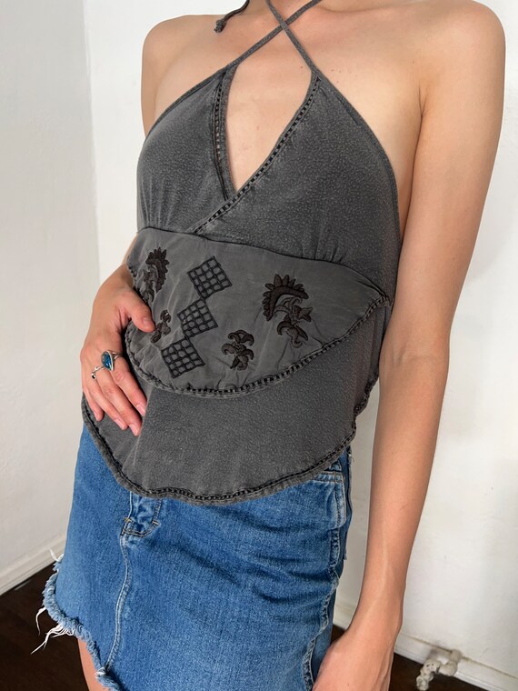 90s Hippy Halter Gray Cotton Embroidery Vintage - image 3
