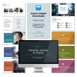 May include: A digital download presentation template for Keynote. The template features 39 different layouts and is easily editable. The template is designed for a 16:9 aspect ratio. The template is available for instant download. The template is made by PresoLab and is available on Etsy.