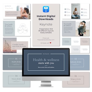 May include: A blue and white computer screen displaying a presentation template for Keynote. The template is for a health and wellness presentation and features a variety of layouts and images. The text on the screen reads "Health & wellness starts with you".