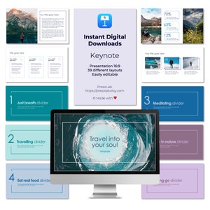Może przedstawiać: Ekran komputera wyświetlający turkusową i niebieską falę oceanu z tekstem "Travel into your soul" i "Template" poniżej. Ekran jest otoczony kolażem 10 różnych slajdów do prezentacji Keynote. Slajdy przedstawiają sceny z natury, dzielniki tekstu i slajd tytułowy z tekstem "Instant Digital Downloads" i "Keynote".