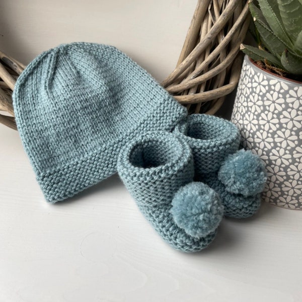 Hand Knitted Cosy Baby Hat and Booties