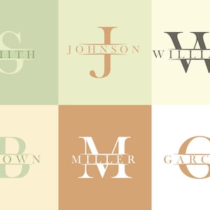 May include: Six monogram designs are shown, each featuring a large initial letter with the last name split across it. The colour scheme includes shades of green, brown, and beige. The names include Smith, Johnson, Williams, Brown, Miller, and Garcia.