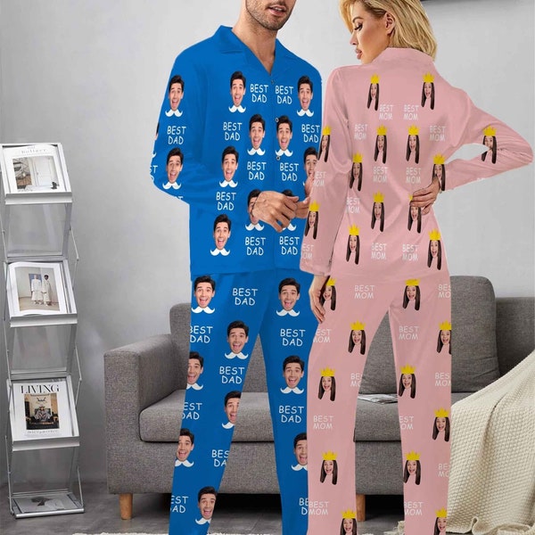 Custom Couple Pajama Sets, Photo Custom Long Sleeve Nightwear, Picture Custom Pajamas, Customized Father's Day Gift, Gift for Mom and Dad