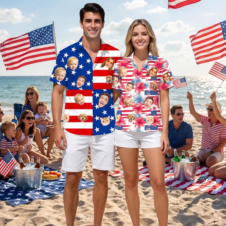 May include: A short-sleeved button-down shirt featuring a red, white, and blue American flag pattern with custom photo faces and a matching shirt with a floral and flag print, both worn with white shorts on a sandy beach with American flags.