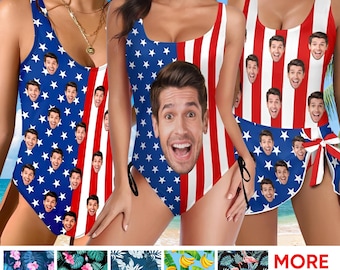 May include: Swimsuits with a patriotic theme. One-piece swimsuits feature a blue and white star pattern, red and white stripes, and a face print. Additional patterns include tropical leaves and banana prints. The text "MORE Style/Patterns" is visible.