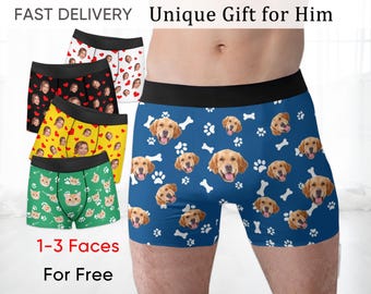 May include: Boxer briefs with custom face prints, featuring a variety of designs. The image shows briefs with faces, hearts, and cat patterns. The text reads "Unique Gift for Him" and "1-3 Faces For Free."