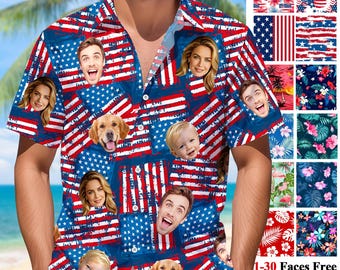 Personalized 4th of July Hawaiian Shirt: Custom Face American Flag Aloha Shirts, Button Down