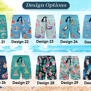 May include: Collection of swim trunks with various designs. Some feature people swimming or floating on inflatables, while others showcase floral patterns or dog illustrations. Each design is labeled with a number from 21 to 30.