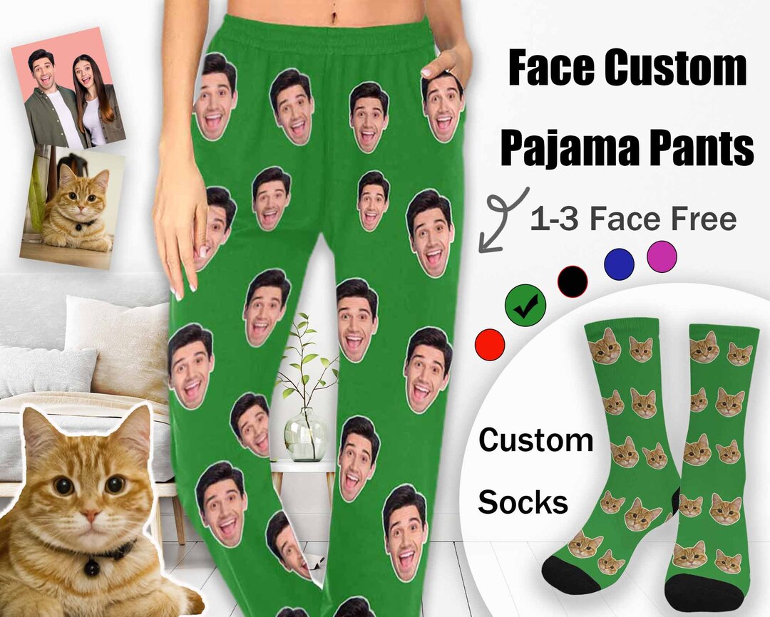 Personalized Pajama Pants With Face, Couple Face Pajama Pants and Socks