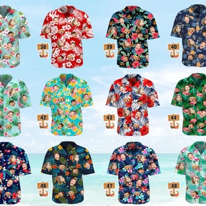 May include: A collection of twelve short-sleeved button-down shirts featuring various tropical patterns, floral motifs, and repeating custom face prints. Each shirt is labeled with a numbered wooden sign ranging from 37 to 48, showcasing diverse color palettes.
