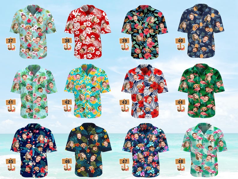 May include: A collection of twelve short-sleeved button-down shirts featuring various tropical patterns, floral motifs, and repeating custom face prints. Each shirt is labeled with a numbered wooden sign ranging from 37 to 48, showcasing diverse color palettes.