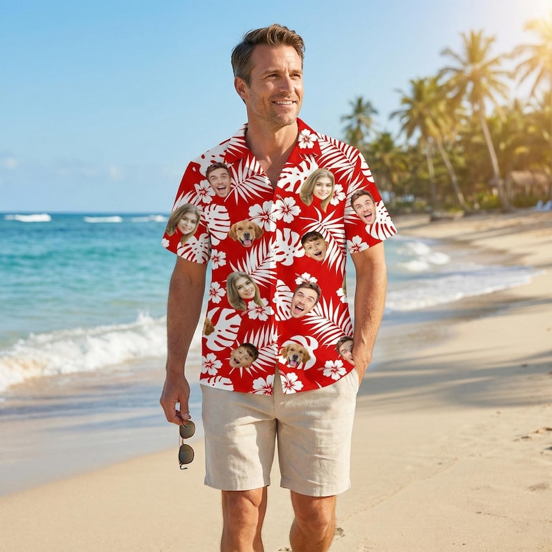 May include: A short-sleeved button-down shirt in bright red featuring a white tropical hibiscus flower and palm leaf pattern. The shirt is customized with a repeating print of various human faces and dog faces scattered across the fabric.