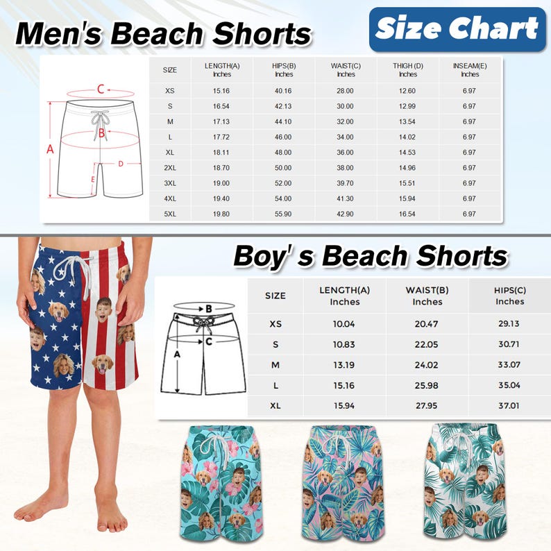 May include: Beach shorts with custom face prints. The image shows a size chart for men's and boy's shorts. The men's shorts have a USA flag design and the boy's shorts have a floral design. The shorts are available in various sizes.
