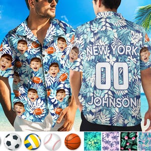 May include: Two blue and white patterned shirts with a tropical leaf design. One shirt has the text "NEW YORK 00 JOHNSON" on the back. The other shirt has a repeated pattern of faces and sports balls.