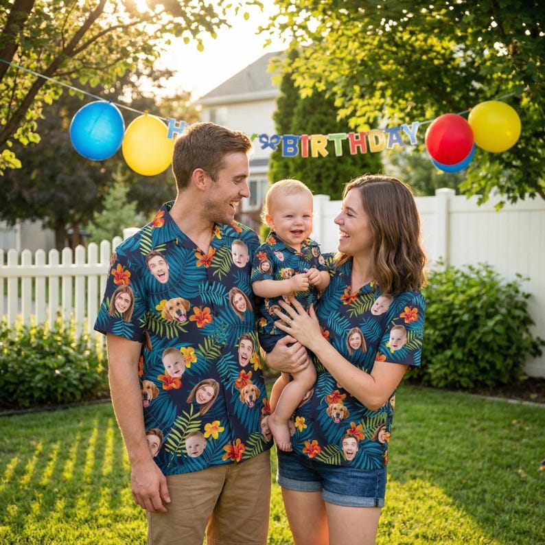 May include: Matching short-sleeve button-down shirts featuring a dark blue tropical leaf and orange hibiscus flower pattern. The fabric is customized with repeating circular portraits of faces and a golden retriever dog. The shirts have collars.