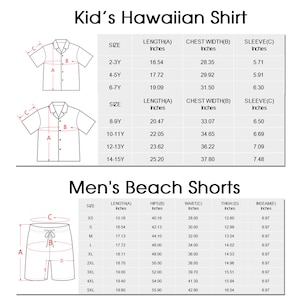 May include: A size chart for a kid's Hawaiian shirt and beach shorts. The chart displays measurements in inches for various sizes, including length, chest width, sleeve length, hips, waist, thigh, and inseam, with line drawings of the garments.