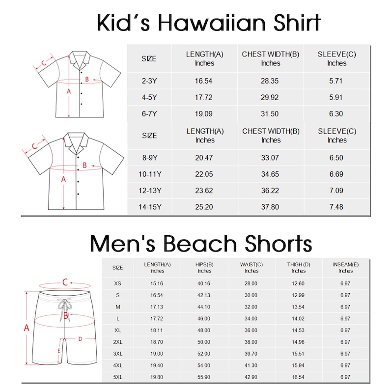May include: A size chart for a kid's Hawaiian shirt and beach shorts. The chart displays measurements in inches for various sizes, including length, chest width, sleeve length, hips, waist, thigh, and inseam, with line drawings of the garments.