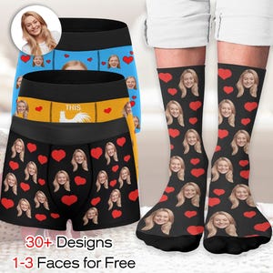 May include: A set of three pairs of underwear with a heart pattern and a rooster graphic. The underwear is black, blue, and yellow. The socks are black with a heart pattern and a face graphic. The text "THIS" is on the yellow underwear.  30+ Designs 1-3 Faces for Free