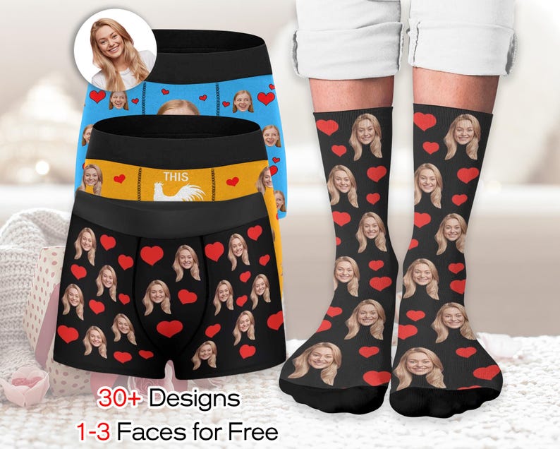 May include: A set of three pairs of underwear with a heart pattern and a rooster graphic. The underwear is black, blue, and yellow. The socks are black with a heart pattern and a face graphic. The text "THIS" is on the yellow underwear.  30+ Designs 1-3 Faces for Free
