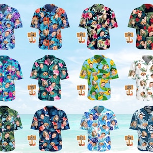 May include: A collection of twelve short-sleeved button-down shirts featuring various tropical and floral patterns, each customized with repeating photographic portraits of faces and dogs, labeled with numbers 13 through 24 on small wooden signs.