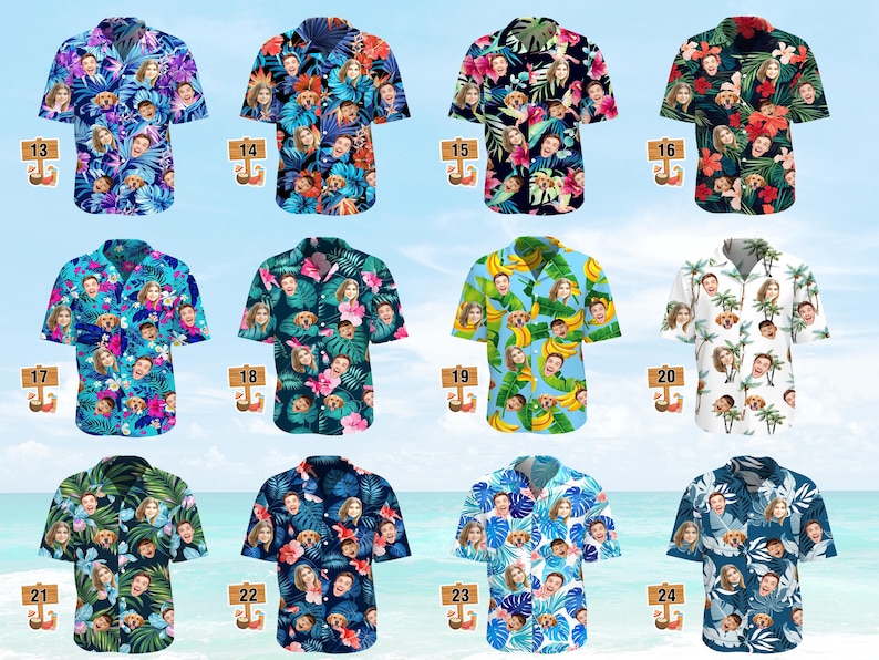 May include: A collection of twelve short-sleeved button-down shirts featuring various tropical and floral patterns, each customized with repeating photographic portraits of faces and dogs, labeled with numbers 13 through 24 on small wooden signs.