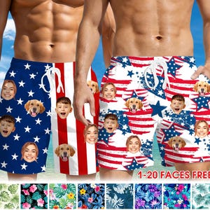 May include: Swim trunks with a patriotic theme. One pair features a blue background with white stars and faces, the other has red and white stripes and faces. The text "1-20 FACES FREE" is visible.