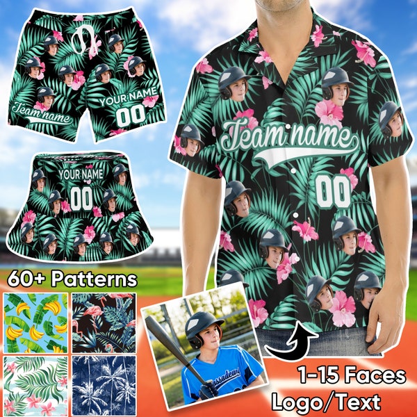 Baseball Custom Hawaiian Shirt with Face Name,Personalized Baseball Softball Shirts,Custom Baseball Shorts,Baseball Team Name Hawaiian Shirt