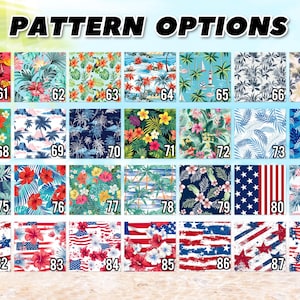 May include: A grid of 28 distinct fabric pattern swatches labeled 61 through 88, featuring tropical floral prints, palm trees, and patriotic American flag designs with red, white, and blue stars and stripes, all under the text PATTERN OPTIONS.