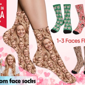 May include: Custom face socks with a variety of faces printed on them. The socks are shown on a model's feet. The socks are available in a variety of colors and patterns. 1-3 faces are free. Made in the USA.