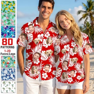 May include: Two short-sleeved button-down shirts with a red background featuring a white tropical hibiscus and palm leaf pattern. The shirts are customized with repeating photographic prints of various human faces and a golden dog.