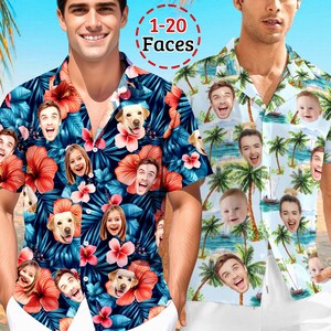May include: Two men wearing short-sleeved button-up shirts with a tropical print featuring multiple faces. The shirts have a blue and white background with palm trees and flowers. The text "1-20 Faces" is visible on the shirt.