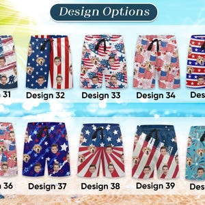 May include: Collection of ten pairs of swim trunks with various patriotic designs. Each pair features a unique pattern of stars, stripes, flags, and faces. The designs are labeled with numbers from 31 to 40.