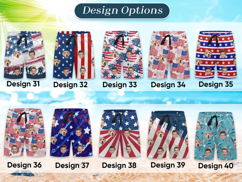 May include: Collection of ten pairs of swim trunks with various patriotic designs. Each pair features a unique pattern of stars, stripes, flags, and faces. The designs are labeled with numbers from 31 to 40.