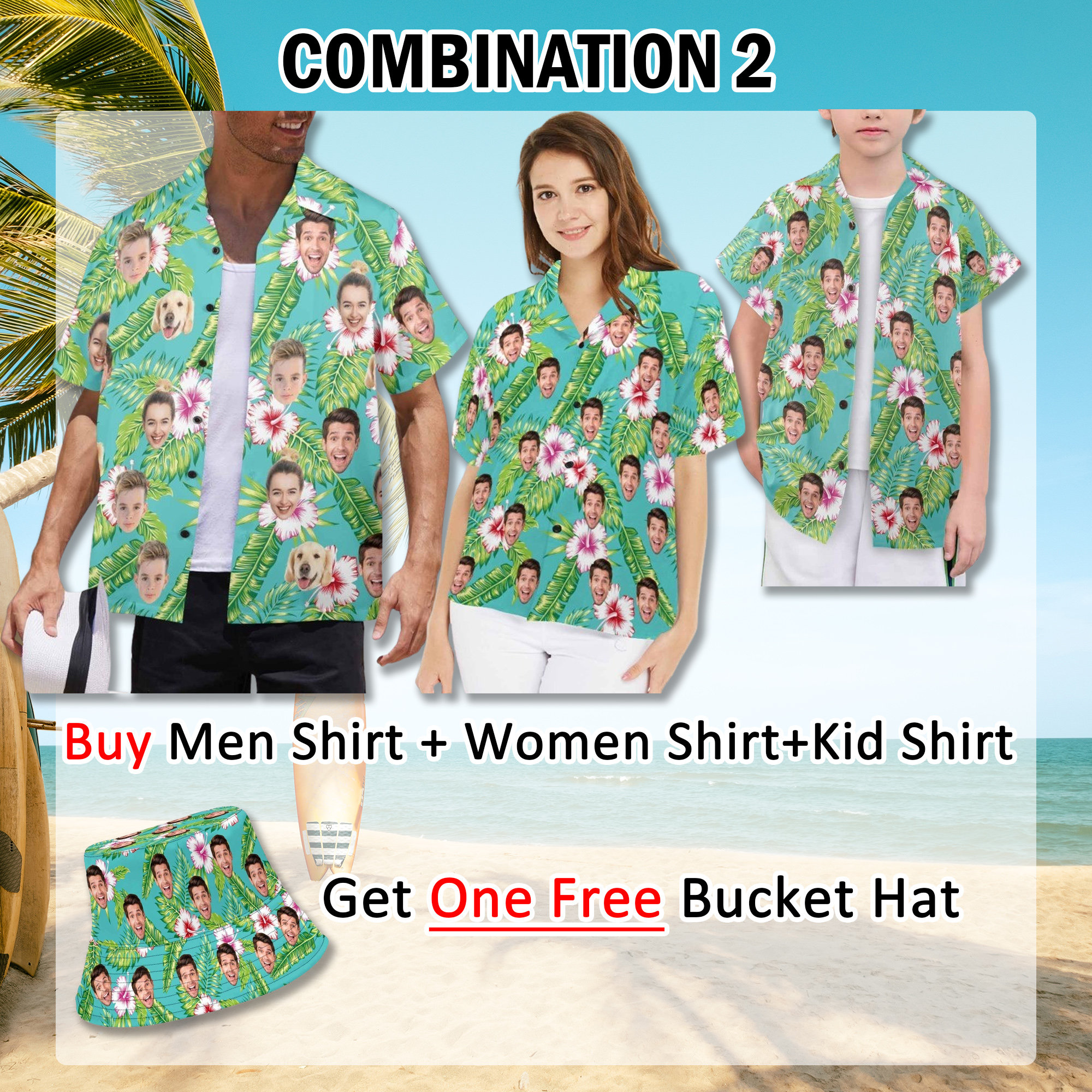 🔥Buy 2 FREE SHIPPING🔥Custom Hawaiian Shirt with Multiple Faces & Matching Bucket Hat - Personalized Photo Shirt for Couples & Families, Unique Gift for Men or Dad