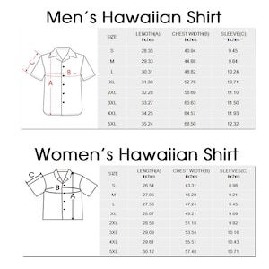 May include: A size chart for Hawaiian shirts featuring two line-art illustrations of short-sleeved button-down shirts labeled Men's Hawaiian Shirt and Women's Hawaiian Shirt, with tables detailing length, chest width, and sleeve measurements in inches.