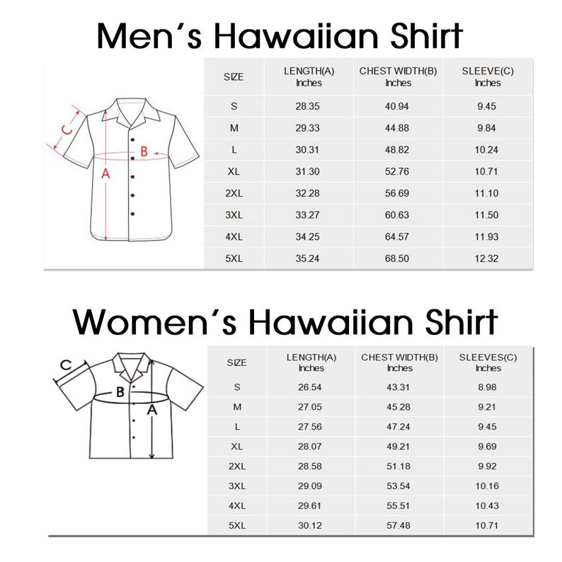 May include: A size chart for Hawaiian shirts featuring two line-art illustrations of short-sleeved button-down shirts labeled Men's Hawaiian Shirt and Women's Hawaiian Shirt, with tables detailing length, chest width, and sleeve measurements in inches.