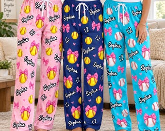 Custom Pink Bow Softball Pajama Pants, Personalized Coquette Baseball Name Pjs, Softball Team Gift