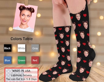 Personalized Face Adult Socks, Custom Valentine's Day Socks, Custom Anniversary/Birthday Socks Gifts for Him, Heart Pattern Custom Socks